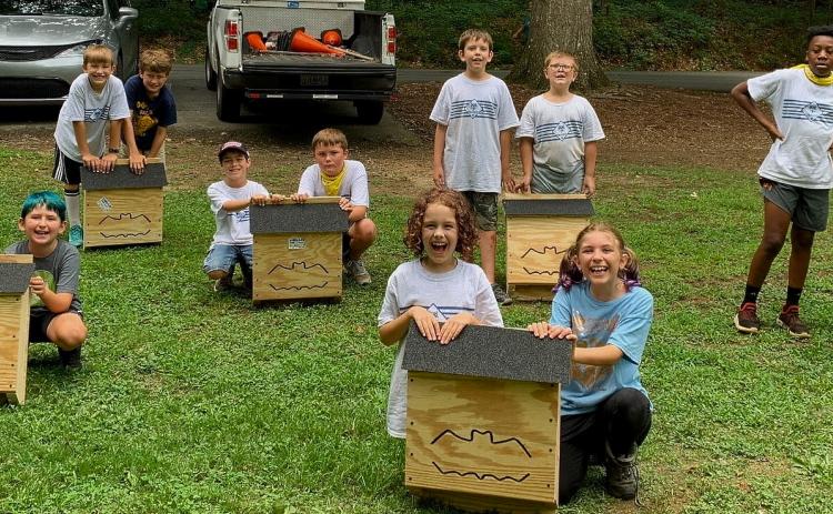 Scouts with bat houses built for a Wildlife Viewing Grants project in Watkinsville (Photo by the City of Watkinsville)
