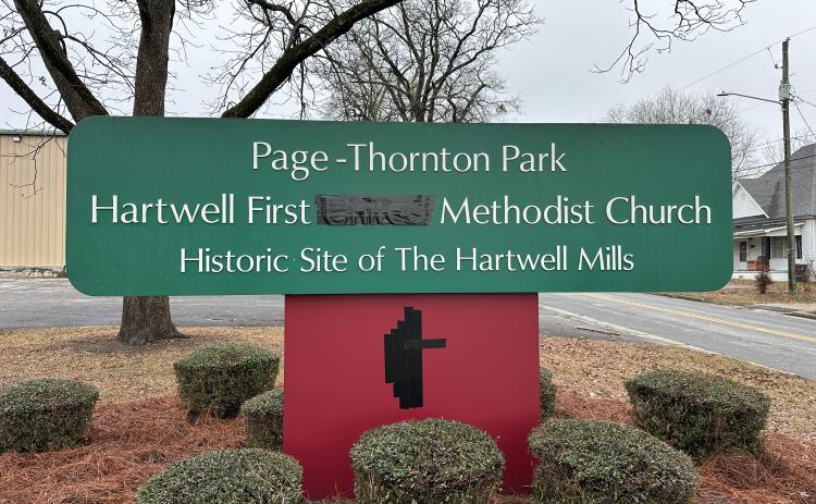 Signage at Hartwell’s First Methodist Church reflects the congregation’s disaffiliation with the United Methodist Church