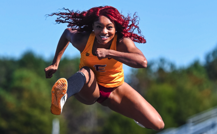 Lions freshman track star Valasha Carter breaks the Emmanuel University school record for triple jump. Photo by Emmanuel University.