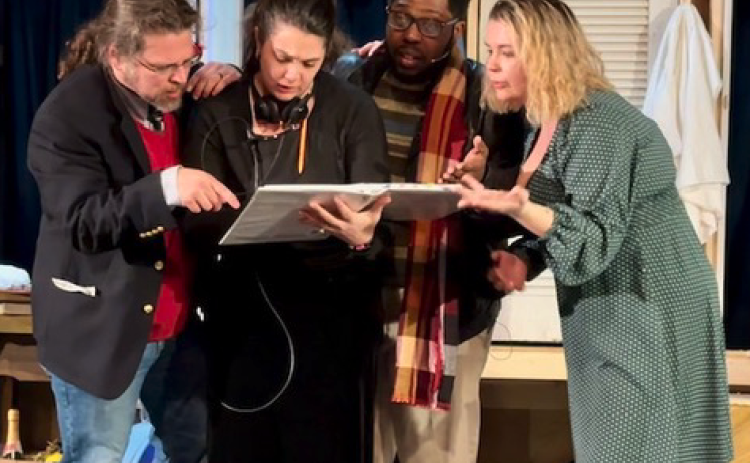 “Noises Off” cast members rehearse before opening night Feb. 23. From left to right: Phillip Hiott, Christina Tucker, Rickey Leware, and Elizabeth Murphy.