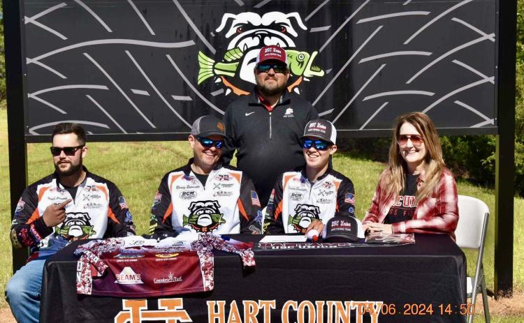 Pictured from left is HCHS Anglers coach Hutch Arrowood, Randy Bannister, USC-Union head coach Cameron Coone, Landon Bannister, and Carla Bannister.