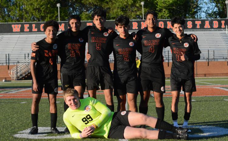 Pictured is the boys soccer senior class. On the front row is goalkeeper Ayden Thomason. On the back row from left is forward Ca’Marion Marshall, midfielder Marvin Barrientos, defender Alexander Pantoja-Linares, forward Axsel Fajardo, midfielder Fabian Rodriguez Escobedo, and forward Luis Genchi at senior night against Washington-Wilkes on April 12.